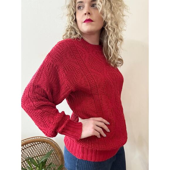 80’s Red Cotton Cable Knit Sweater size Medium - Picture 3 of 13